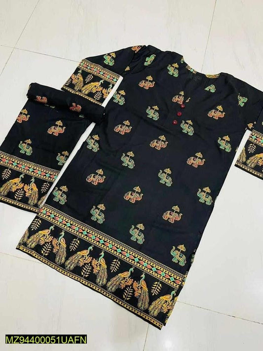 2 Pcs Women's Stitched Linen Printed Shirt And Trouser